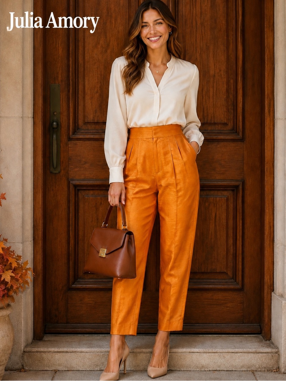 NWT Julia Amory 100% Silk Pleated Pants Orange S $368